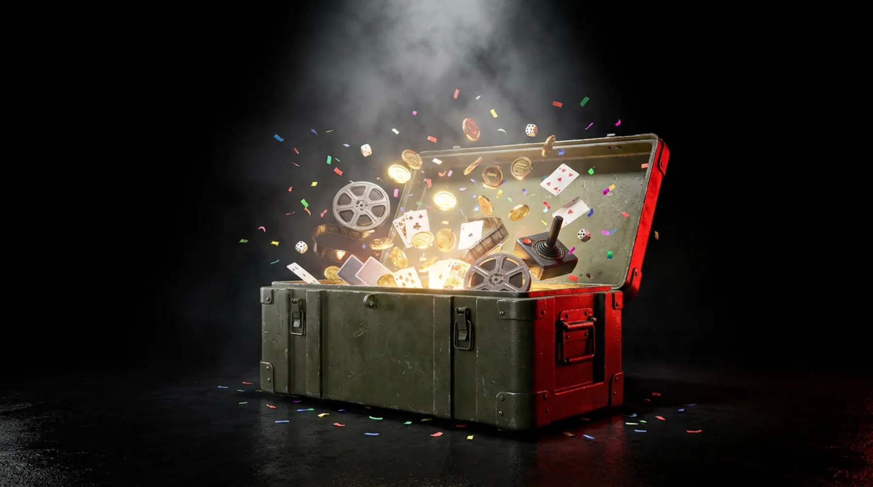 An olive military footlocker bursts open on a black floor, spilling glowing arcade tokens, film reels, playing cards, dice, a joystick and confetti under a white spotlight and a red rim light.